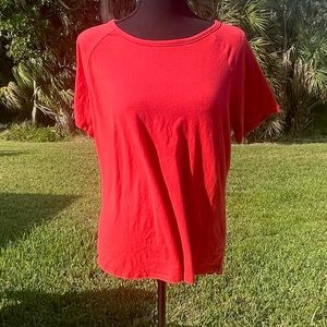 Michael Kors Knit Top Reddish Orange Metal MK Logo Charm Back Zipper Accent Sz l